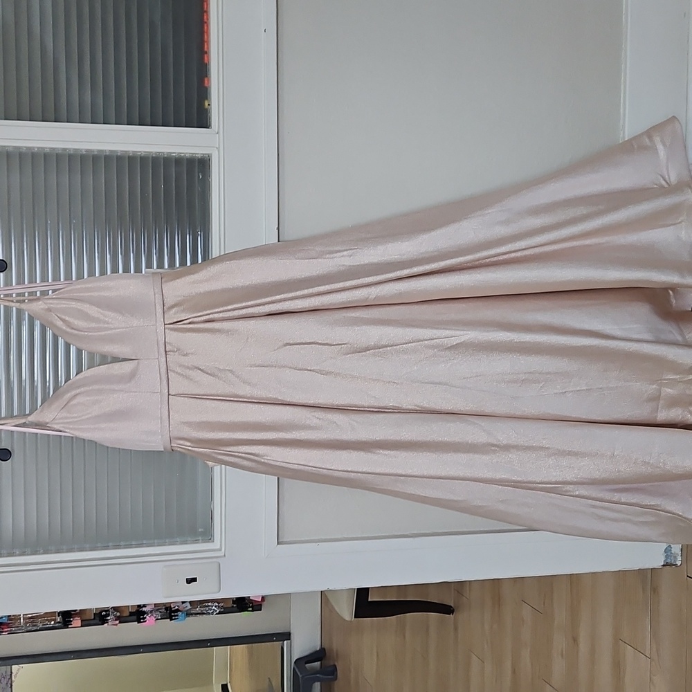 Size 8 pink/gold thin strap open back full Aline gown by Madison James NWT